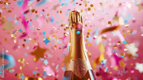 A bottle of champagne with a pink background and colorful confetti.