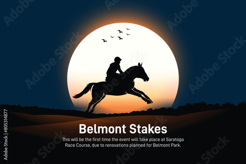 Belmont Stakes, Horse Racing. Belmont Stakes creative concept banner, poster, social media post, template, festoon, background etc. Sun rising background.