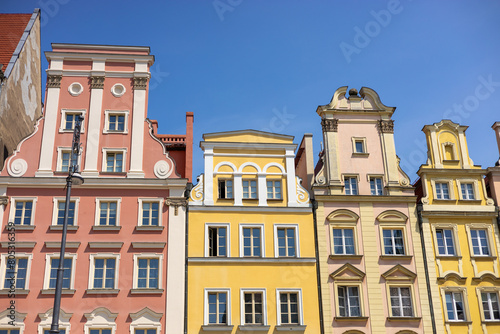 Beautiful colorful facades of antique building at Wroclaw, Poland. Polish landmark in the historic center of town. Clear blue sky