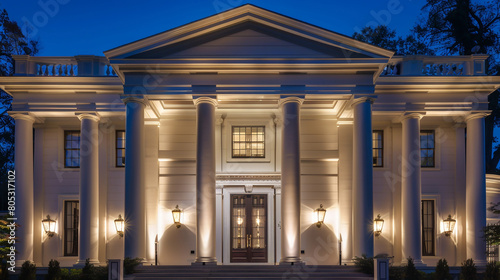 The facade of a white Greek Revival house at night, illuminated by sconces that highlight the iconic columns and portico, the entablature above, and the 