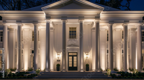 The facade of a white Greek Revival house at night, illuminated by sconces that highlight the iconic columns and portico, the entablature above,