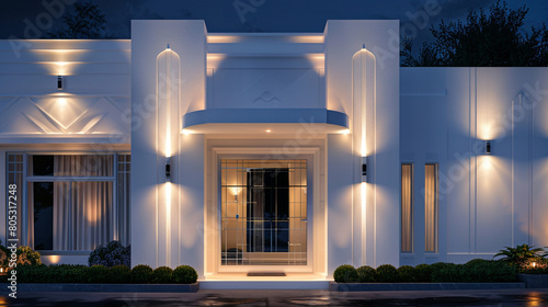 The facade of a white Art Deco house at night, where sleek sconces cast light on the streamlined forms and geometric patterns of the walls, 