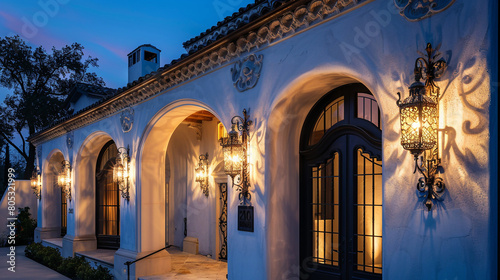 The detailed stucco texture of a white Spanish Colonial revival house at night, with warm lighting from exterior sconces casting soft shadows around the arched doorways 