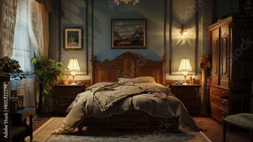 Vintage bedroom Ornate bed frame, floral wallpaper, antique ches