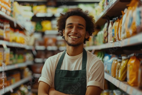Portrait of Smiling Supermarket Employee Among Shelves