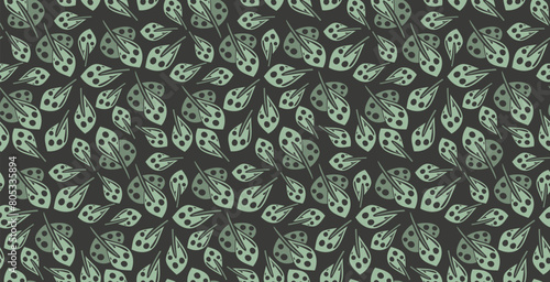 Vector seamless pattern with tropical leaf. Green and black eco background