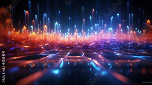 A colorful, abstract image of a cityscape with a blue and orange background. The image is full of bright colors and has a futuristic feel to it