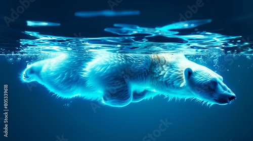 Adult Polar Bear, Ursus maritimus, hunting beneath crystal clear Arctic waters. Arctic wildlife and nature concept.