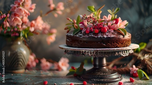 Elegant chocolate cake adorned with fresh berries and flowers on rustic table