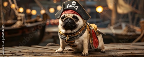 Charming Pug in Playful Pirate Attire on Rustic Wooden Dock with Boats in Distance