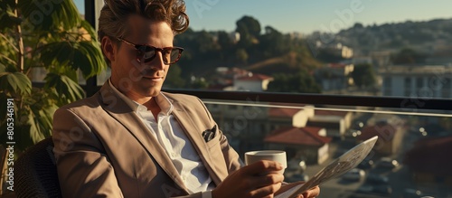 portrait of a businessman relaxing on the balcony and enjoying a cup of hot coffee