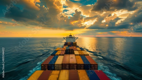 Ocean journey of a container ship, stacked with cargo, vibrant daylight, panoramic view, sea transport