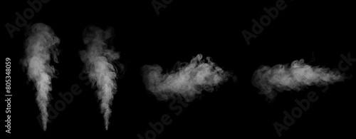 Includes close-up shots of abstract white steam or smoke rising upwards. From humidifying spray isolated on black background.