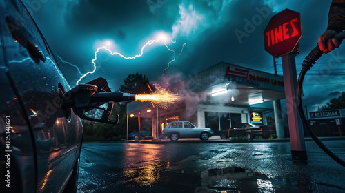 A car is being refueled at a gas station. There is a lightning storm in the background. The image is dark and moody.