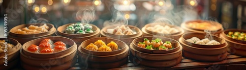 Colorful dim sum display in bamboo steamers wide shot