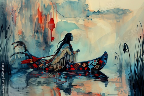 Illustrative painting of a native woman solo paddling in a canoe among reeds and beneath a red hanging lantern, reflecting traditional cultural elements