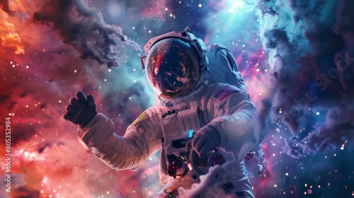 astronaut in the middle of a colorful nebula