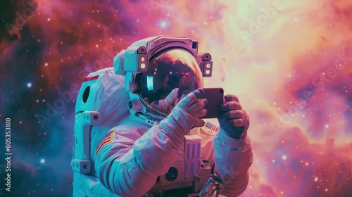 astronaut in the middle of a colorful nebula taking photos