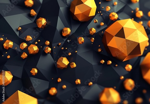A striking image of shiny, orange geometric polyhedrons clustered over a dark, matte surface