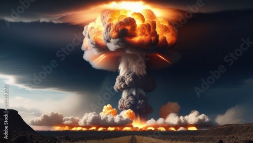Huge nuclear bomb explosion with a mushroom cloud, weapon of mass destruction. Retro style. The road leading to nuclear war