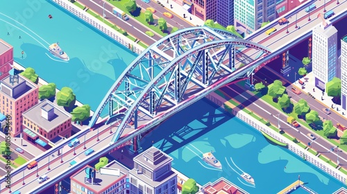 Web banner with bridges in isometric with city infrastructure, famous landmark, bridge construction for navigation, crossing roads or crossing water. Modern line art banner with urban drawbridges.