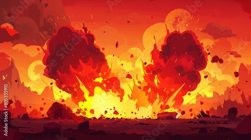 Designed with dynamite explosive detonation, atomic war modern web banner with a fire background and red bomb explosion clouds.
