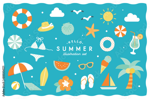 夏のアイテムのイラストセット 海 夏休み ビーチ シンプル かわいい 南国 リゾート 旅行 バカンス