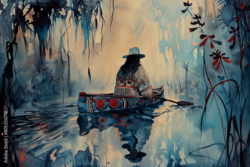Traditional Asian boatman navigating a foggy marsh with ethereal trees and floral elements inviting intrigue