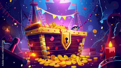 The invitational flyer for the Pirate party can be used for a kids birthday, night club entertainment, adventure game or event. The banner includes a treasure chest, wooden ship, jolly roger and