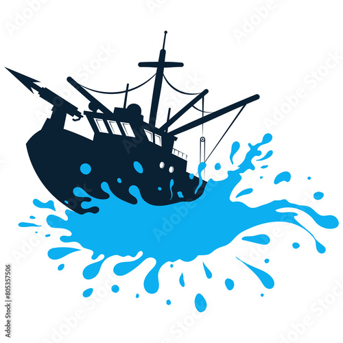 A whaling ship sails on a blue wave