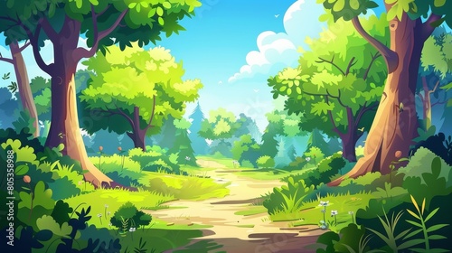 Forest glade landscape in a sunny summer day. Modern cartoon illustration of deep woods, nature park or garden with green trees, grass, bushes and paths.