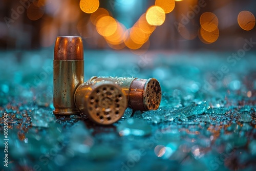 Evocative image of discarded bullet casings among shattered teal glass, hinting at violence and the aftermath of conflict