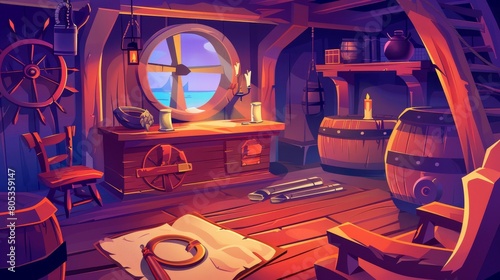 Decorative wood room interior with corsair stuff. Parchment and feather pen on table, chair, barrel, bottle of rum, treasure chest, spyglass, round window Cartoon modern illustration.