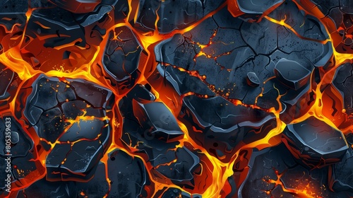 Flows of hot molten liquid lava and cracks on the surface of lava and magma in top view, modern cartoon illustration.