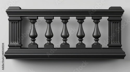 Black balcony balustrade border with pillars and flooring modern element. Roman palace marble fence with handrail isolated on a transparent background.