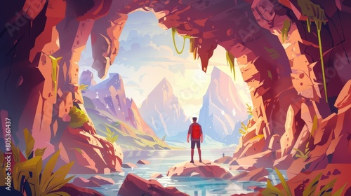 Mountain landscape with cave view with explorer character in grotto adventure near lake water. Illustration of a researcher searching for a fantasy hidden place.