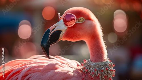 Envision a fashionable flamingo in a feathered boa, accessorized with oversized sunglasses