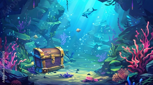 An underwater world with a treasure chest on the bottom of the ocean. A magnificent tropical aquarium landscape with sponges and alga plants. flourishing aquatic deep seaweed illustration.