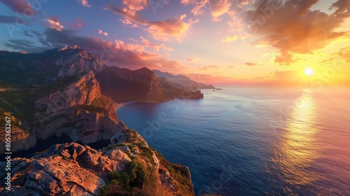 A stunning view of a sun setting over the ocean with warm light hitting the cliff faces and calm sea