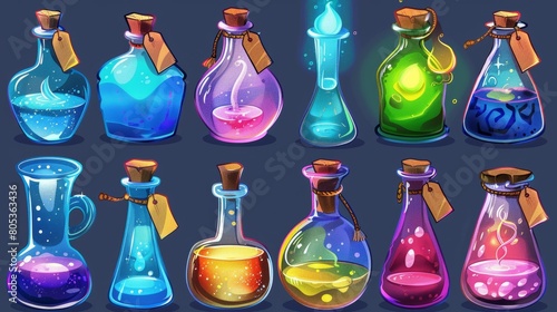 Bottles and flasks with colorful liquid elixir or potion. Cartoon modern set of vials with magic water, corks and tags. Fantasy apothecary chemistry bulbs with poison and antidote.