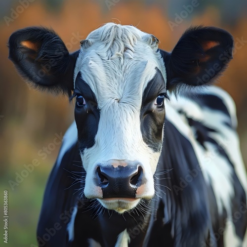 A close-up portrait of a cow's head, with details like its brown and white fur and gentle eyes
