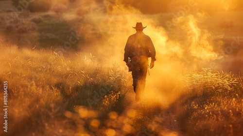 A realistic portrayal of a rugged farmer, trudging home along a dusty path during golden hour, with his fatigue and the long shadows adding to the scene's poignancy