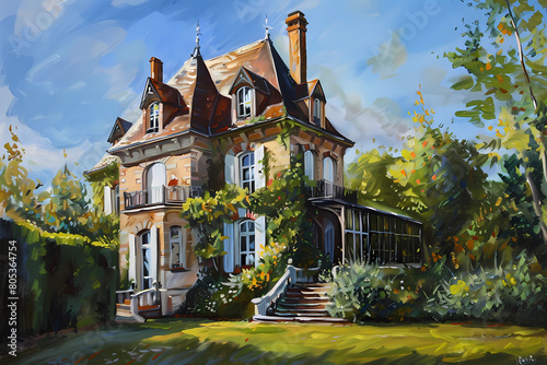 Chateau Style House (Oil Painting) - Originated in France in the 16th century, characterized by a castle-like design with turrets, towers, and a steep-pitched roof