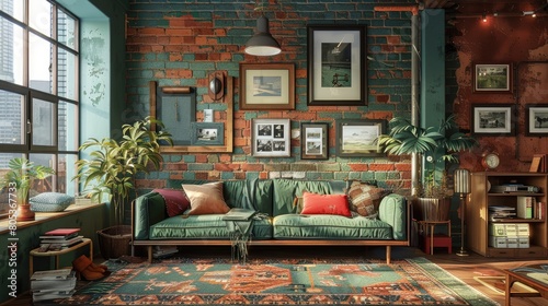 This 3D-rendered mock-up poster shows a retro hipster loft interior. Generative Ai