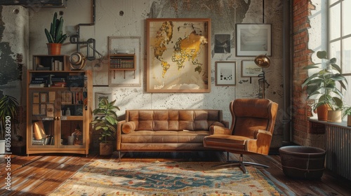 This 3D-rendered mock-up poster shows a retro hipster loft interior. Generative Ai