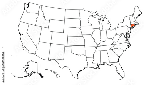 The outline of the US map with state borders. The US state of Connecticut