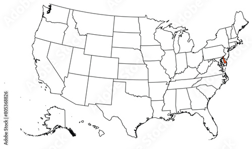 The outline of the US map with state borders. The US state of Delaware
