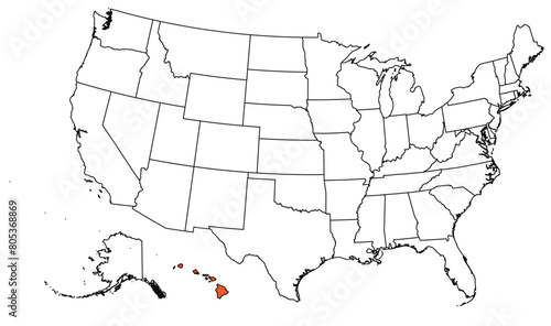 The outline of the US map with state borders. The US state of Hawaii