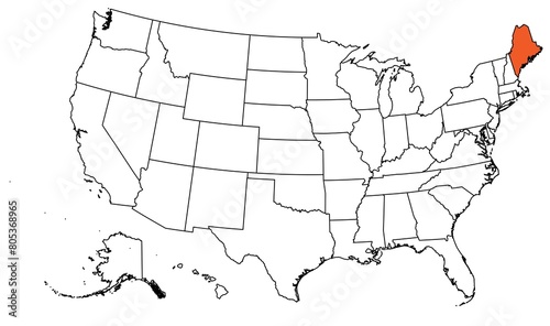 The outline of the US map with state borders. The US state of Maine