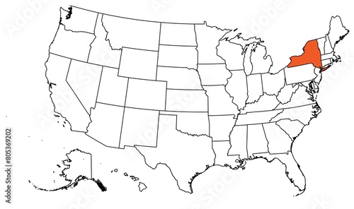 The outline of the US map with state borders. The US state of New York
